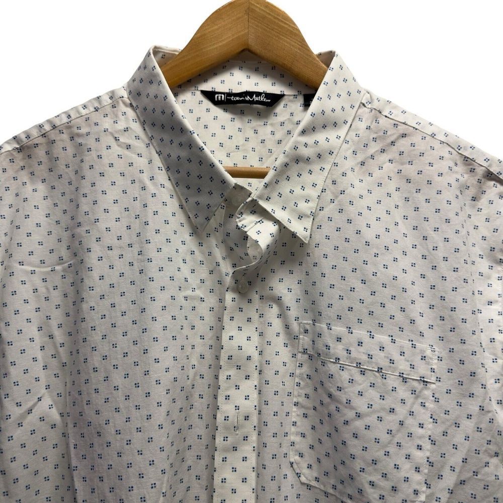 Travis Mathew Men's XXL Button Front S/S White Geometric Shirt‎ Cotton/Polyester